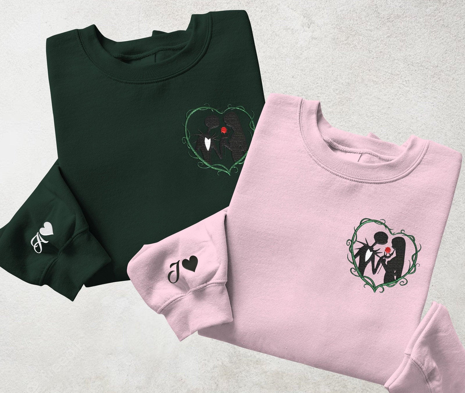 Custom Romantic Embroidered Hoodie for Couples, Spooky Love Heart Sweatshirt, Matching Couple Outfit