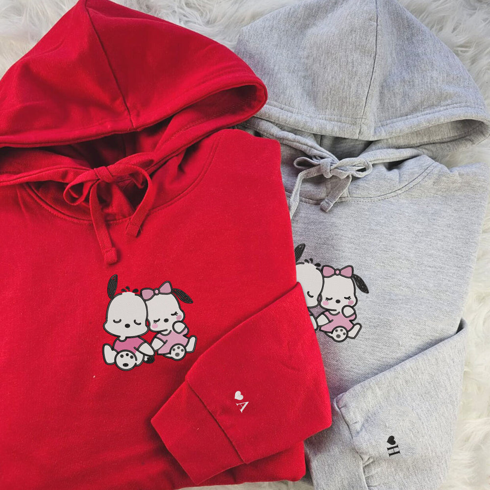 Custom Embroidered Hoodies For Couples, Cute Cartoon White Dogs Couples Embroidered Hoodie