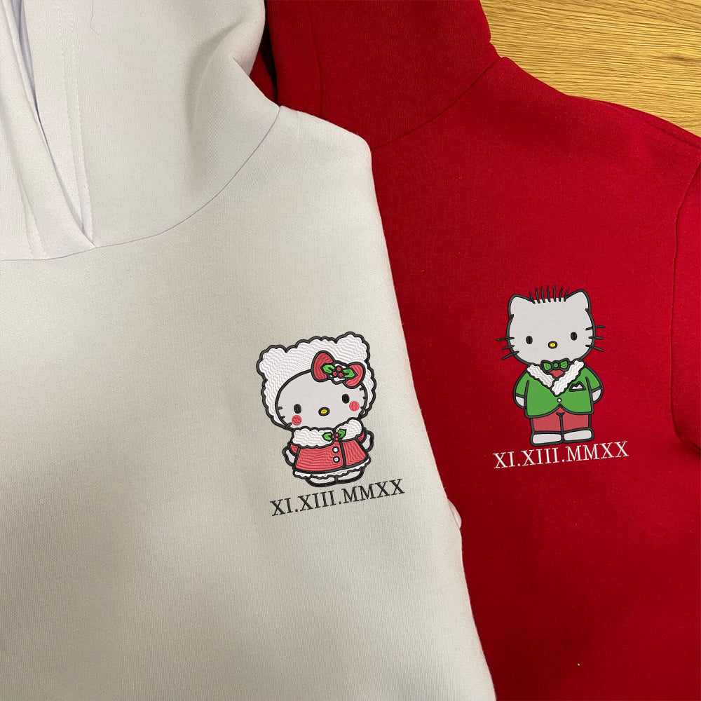 Custom Embroidered Roman Numeral Date Hoodies For Couples, Cute Christmas Kitten Cartoon Couples Embroidered Hoodie