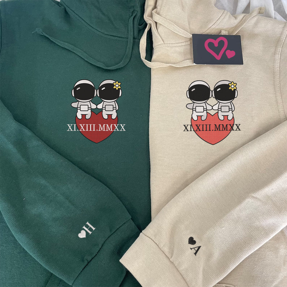 Custom Embroidered Roman Numeral Date Hoodies For Couples, Cute Couples Astronaut Couples Embroidered Hoodie