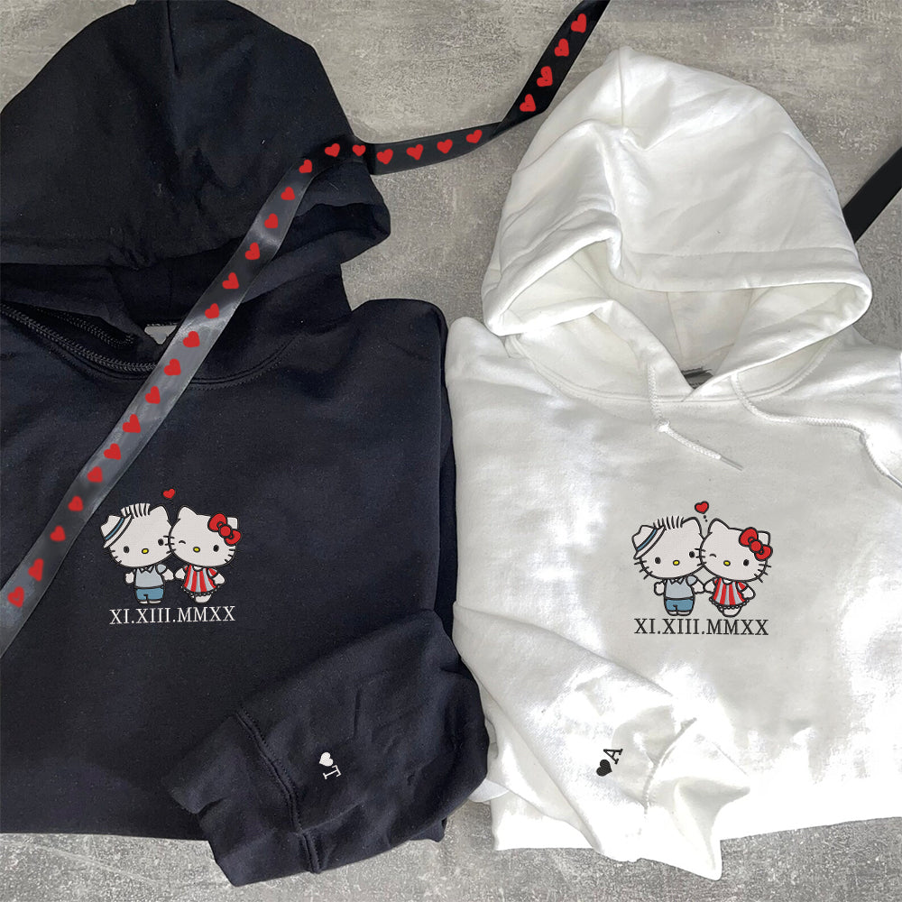 Custom Embroidered Roman Numeral Date Hoodies For Couples, Cute Kitten Kiss Couples Embroidered Hoodie