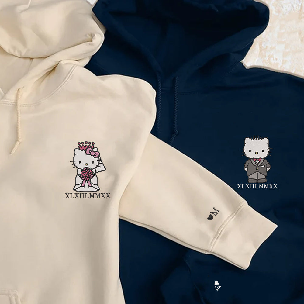 Custom Embroidered Roman Numeral Date Hoodies For Couples, Cute Wedding Kitten Couples Embroidered Hoodie
