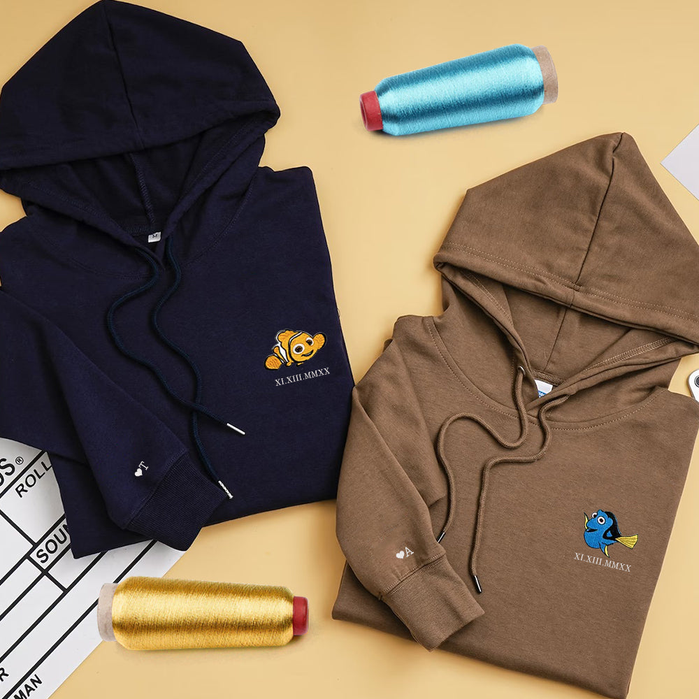 Custom Embroidered Roman Numeral Hoodies For Couples, Roman Numeral Date Hoodie, Cartoon Fish Couples Embroidered Hoodie