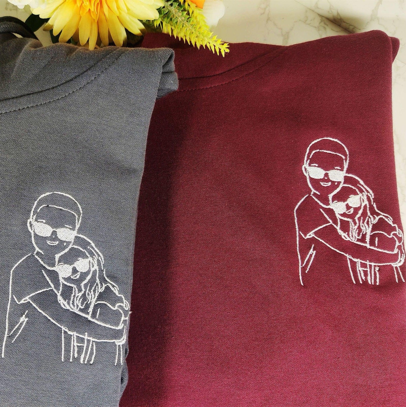 Custom Embroidered Sweatshirts For Couples, Custom Embroidered Portrait Outline Photo Matching Couple Embroidered Sweatshirt Hoodie