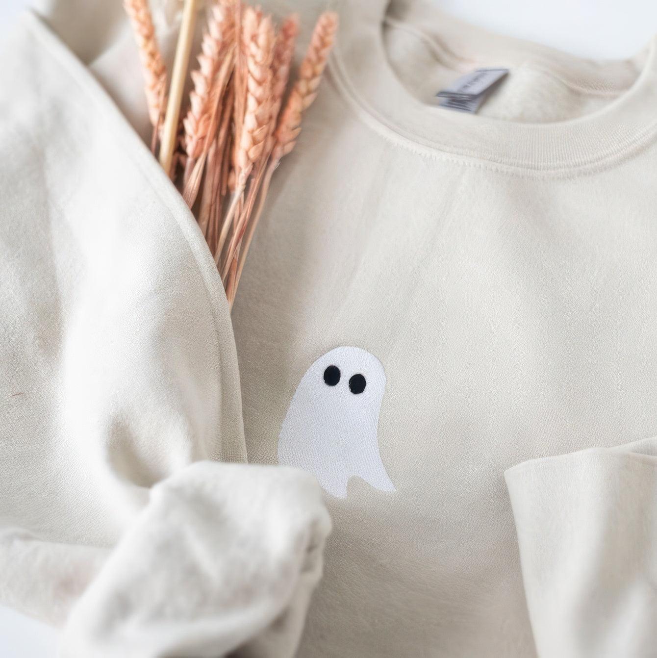 Custom Embroidered Halloweeen Sweatshirts For Couples, Halloween Cute Ghost Couples Embroidered Sweatshirt, Couple Ghost Halloween Sweater