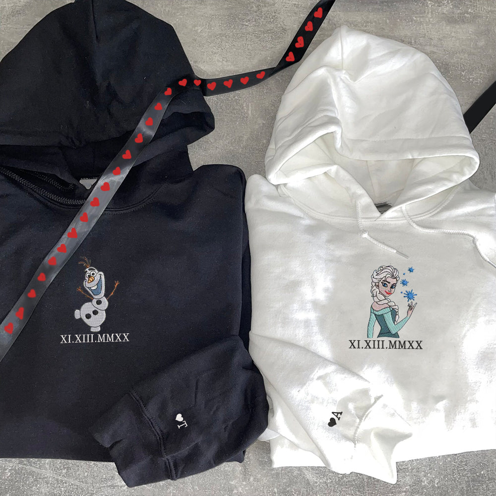 Custom Embroidered Roman Numeral Hoodies For Couples, Roman Numeral Date Hoodie, Cute Frozen Princess Couples Embroidered Hoodie