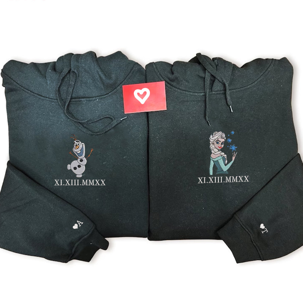 Custom Embroidered Roman Numeral Hoodies For Couples, Roman Numeral Date Hoodie, Cute Frozen Princess Couples Embroidered Hoodie
