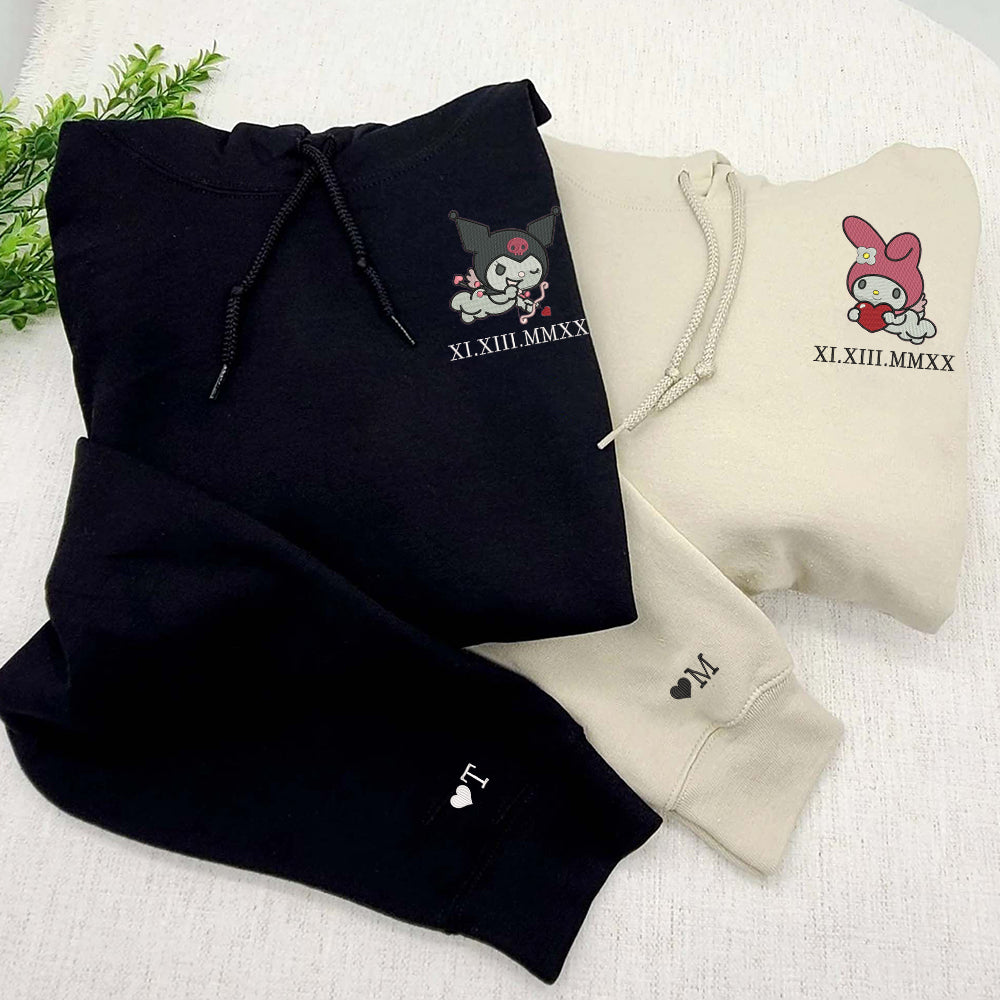 Custom Embroidered Roman Numeral Date Hoodies For Couples, Cute Evil Cat x Bunny Couples Embroidered Hoodie