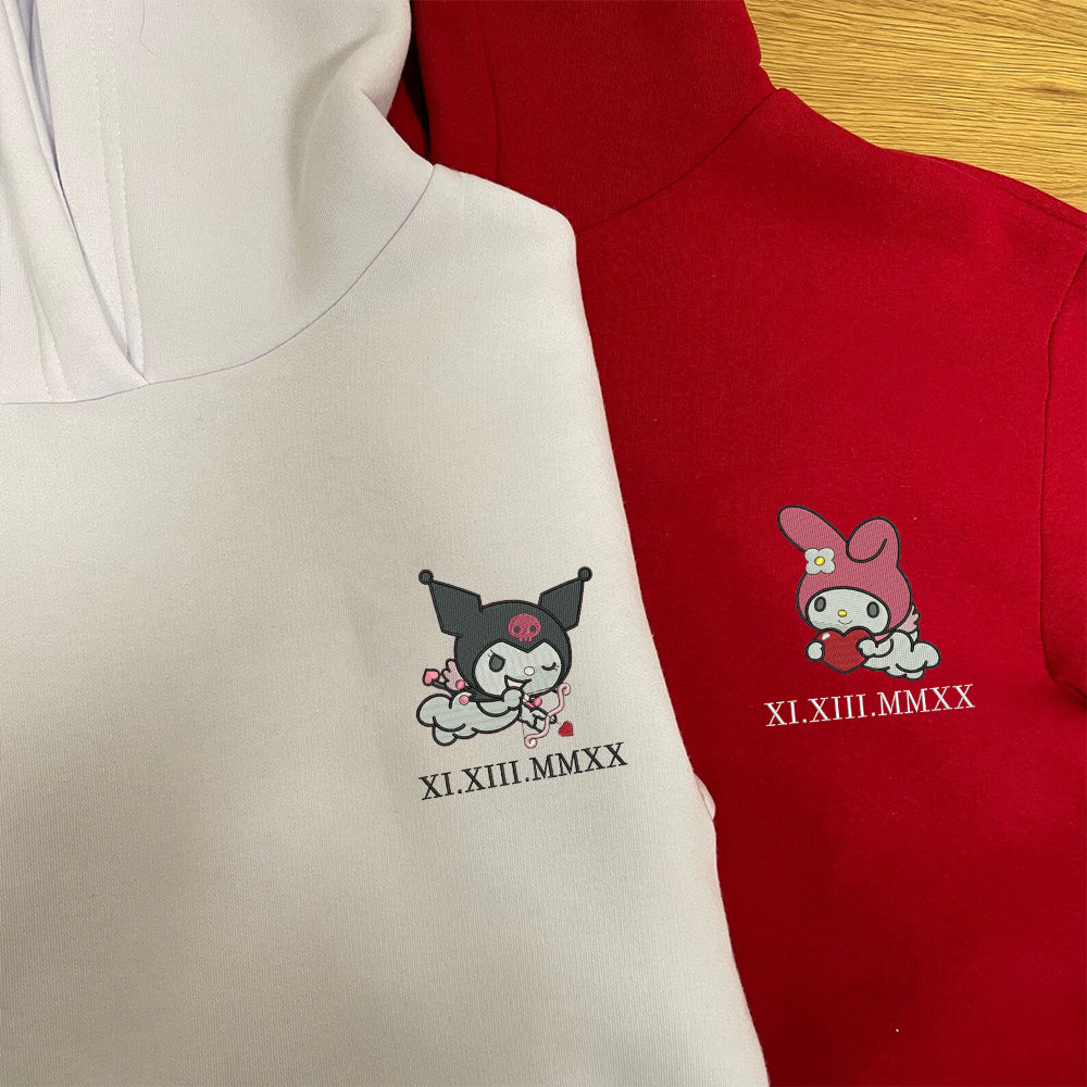 Custom Embroidered Roman Numeral Date Hoodies For Couples, Cute Evil Cat x Bunny Couples Embroidered Hoodie