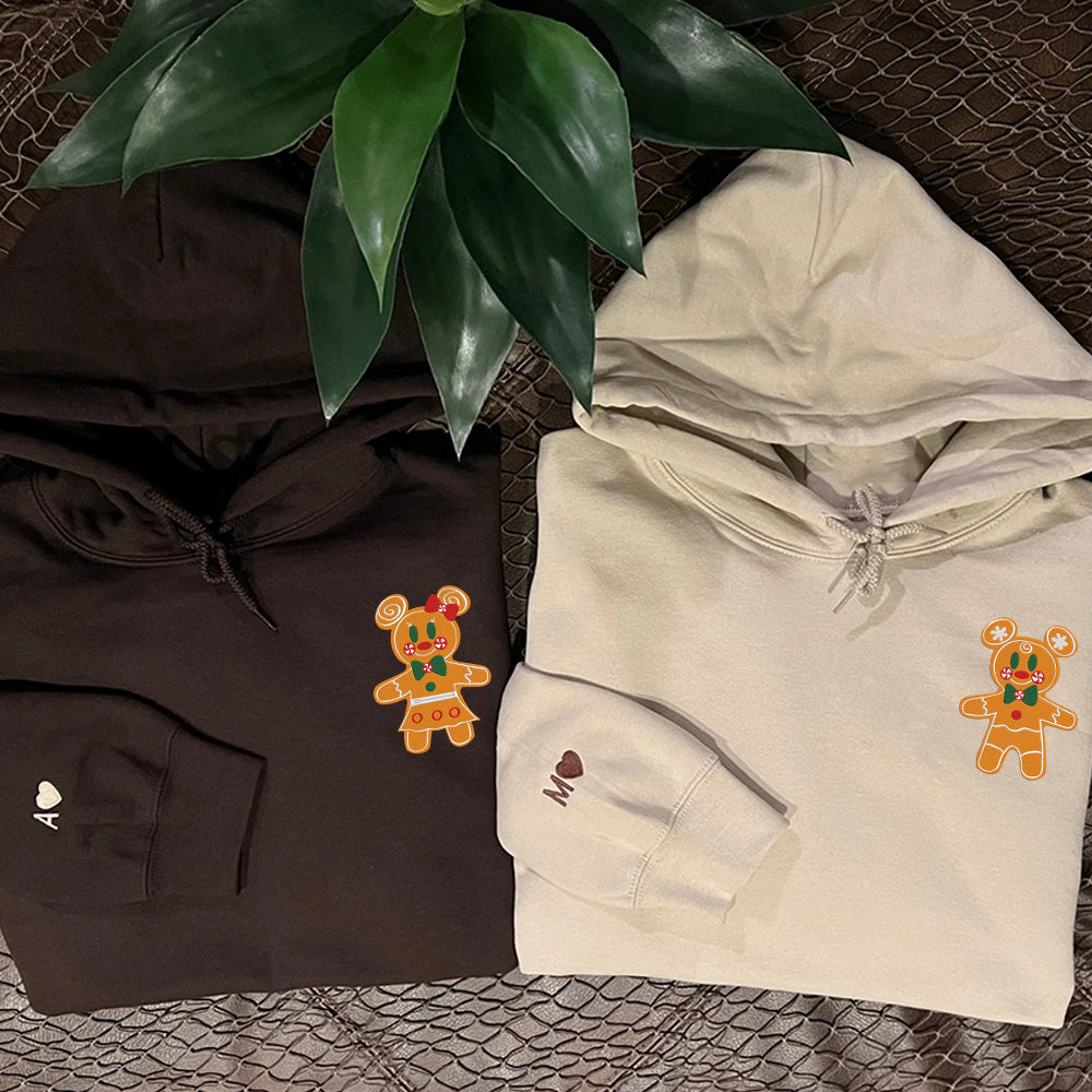 Custom Embroidered Hoodies For Couples, Cute Gingerbread Christmas Mouse Couples Embroidered Hoodie