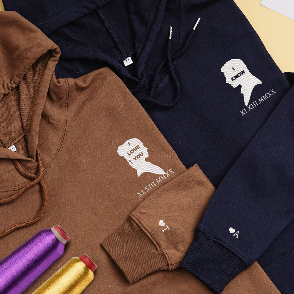 Custom Embroidered Roman Numeral Date Hoodies For Couples, I Love You I Know Couples Embroidered Hoodie