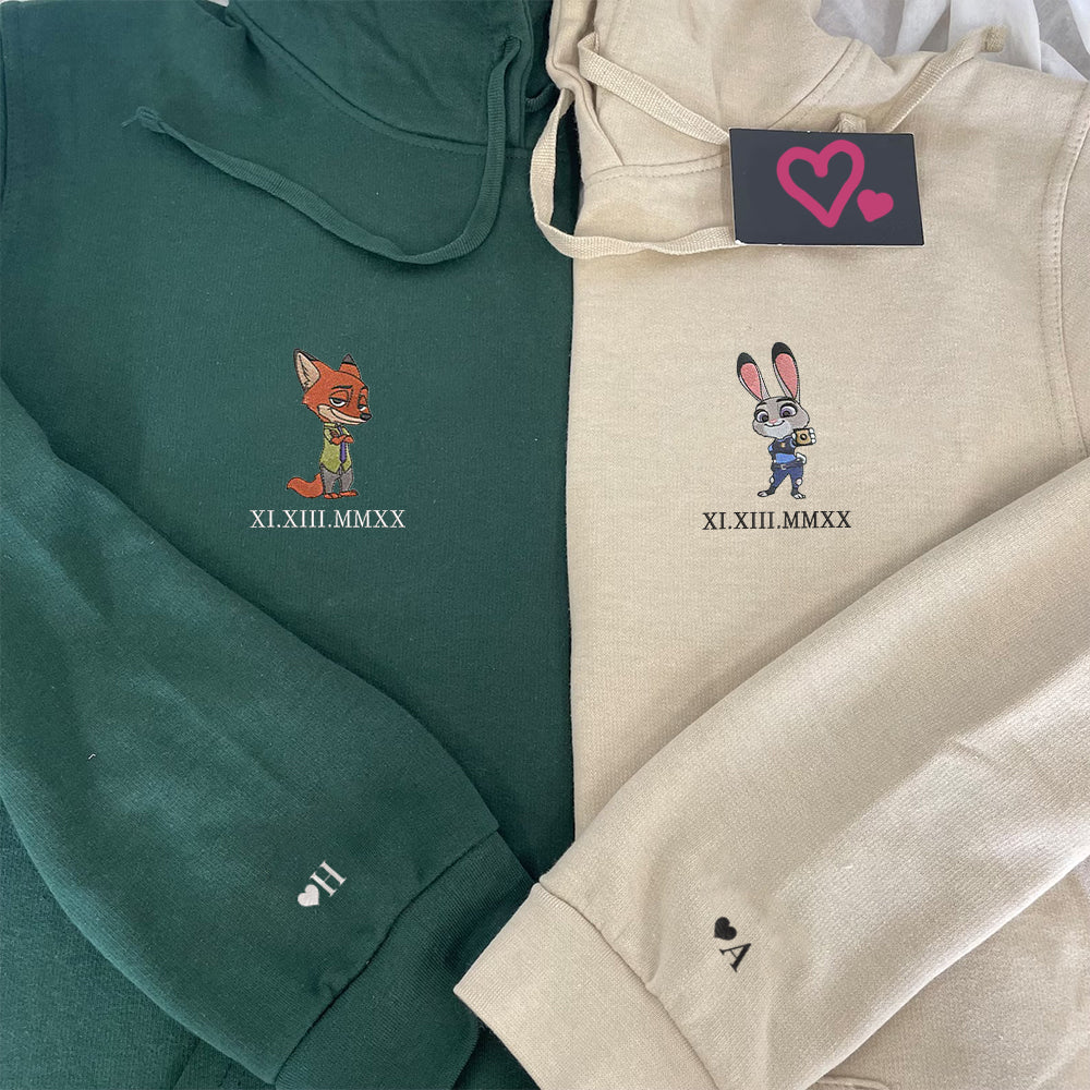 Custom Embroidered Roman Numeral Hoodies For Couples, Roman Numeral Date Hoodie, Cute Rabbits Cartoon Couples Embroidered Hoodie