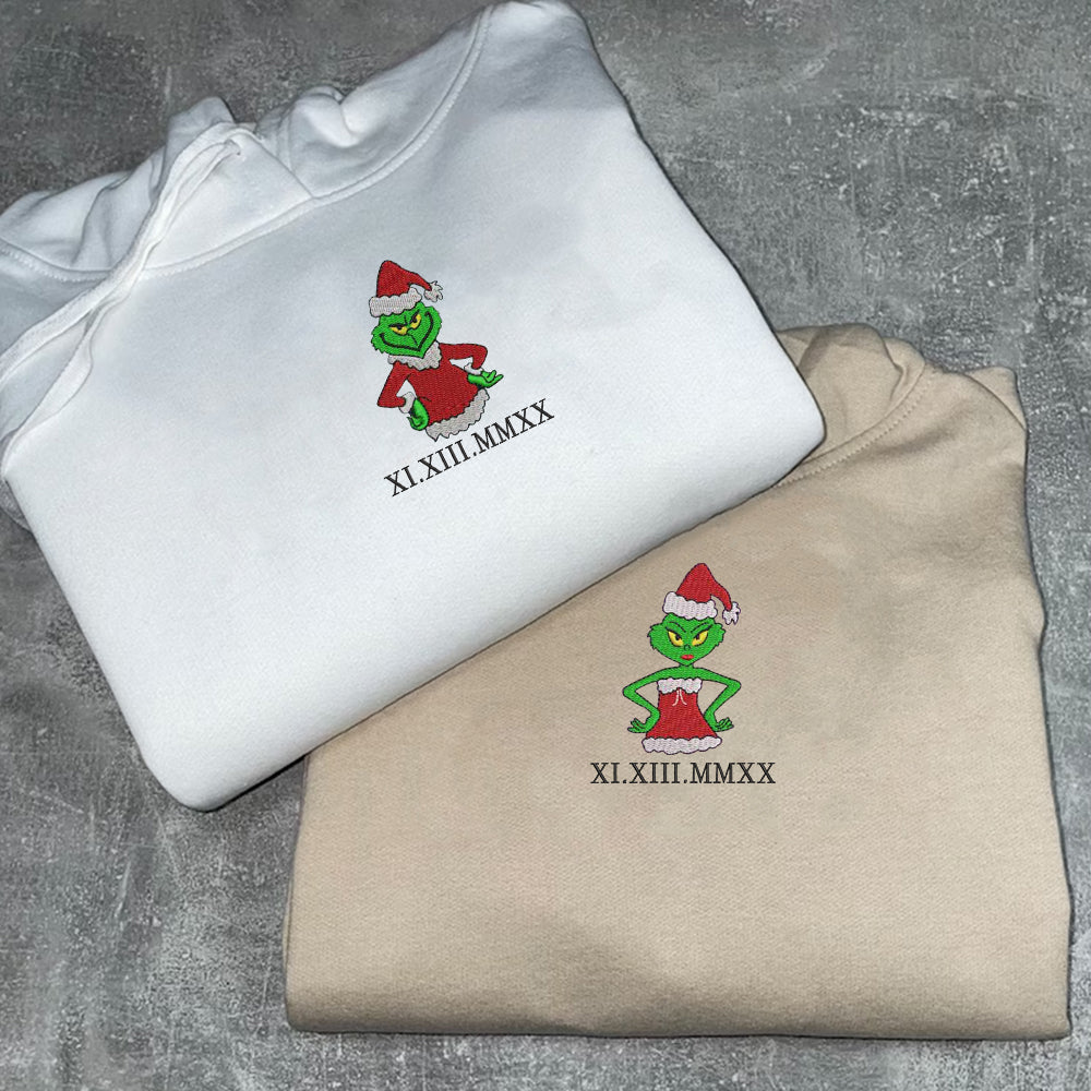 Custom Embroidered Roman Numeral Hoodies For Couples, Roman Numeral Date Hoodie, Christmas Green Cartoon Couples Embroidered Hoodie