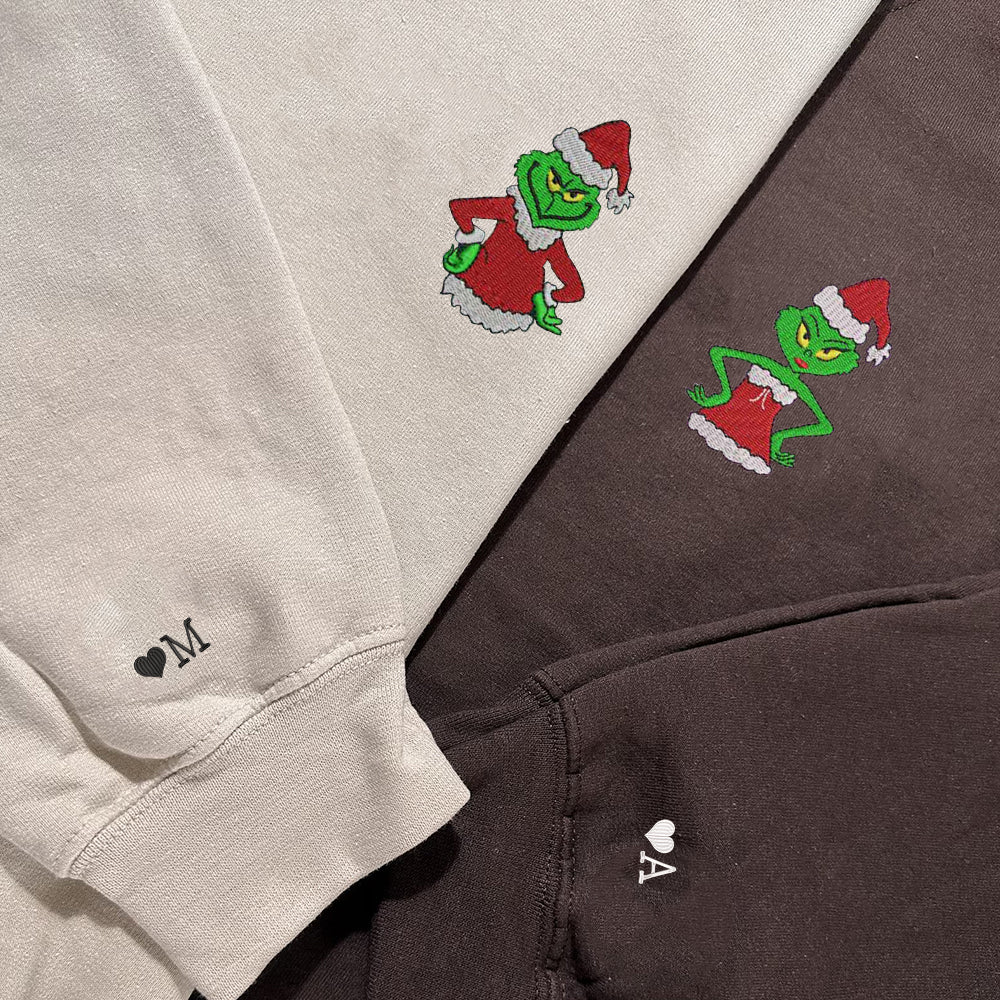 Custom Embroidered Sweatshirts For Couples, Custom Matching Couple Sweatshirt, Cute Green Christmas Cartoons Couples Embroidered Crewneck Sweater
