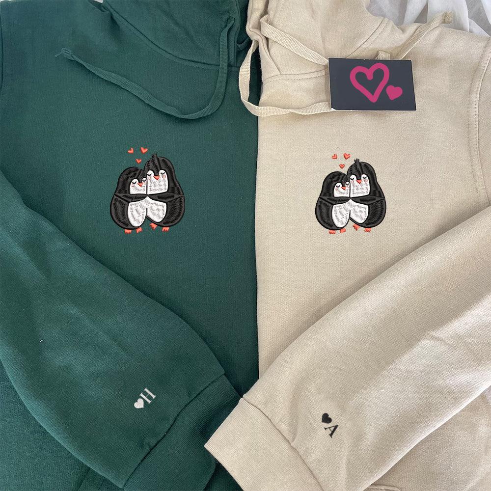 Custom Embroidered Hoodies For Couples, Custom Matching Couple Hoodie, Cute Penguin Couples Embroidered Hoodie