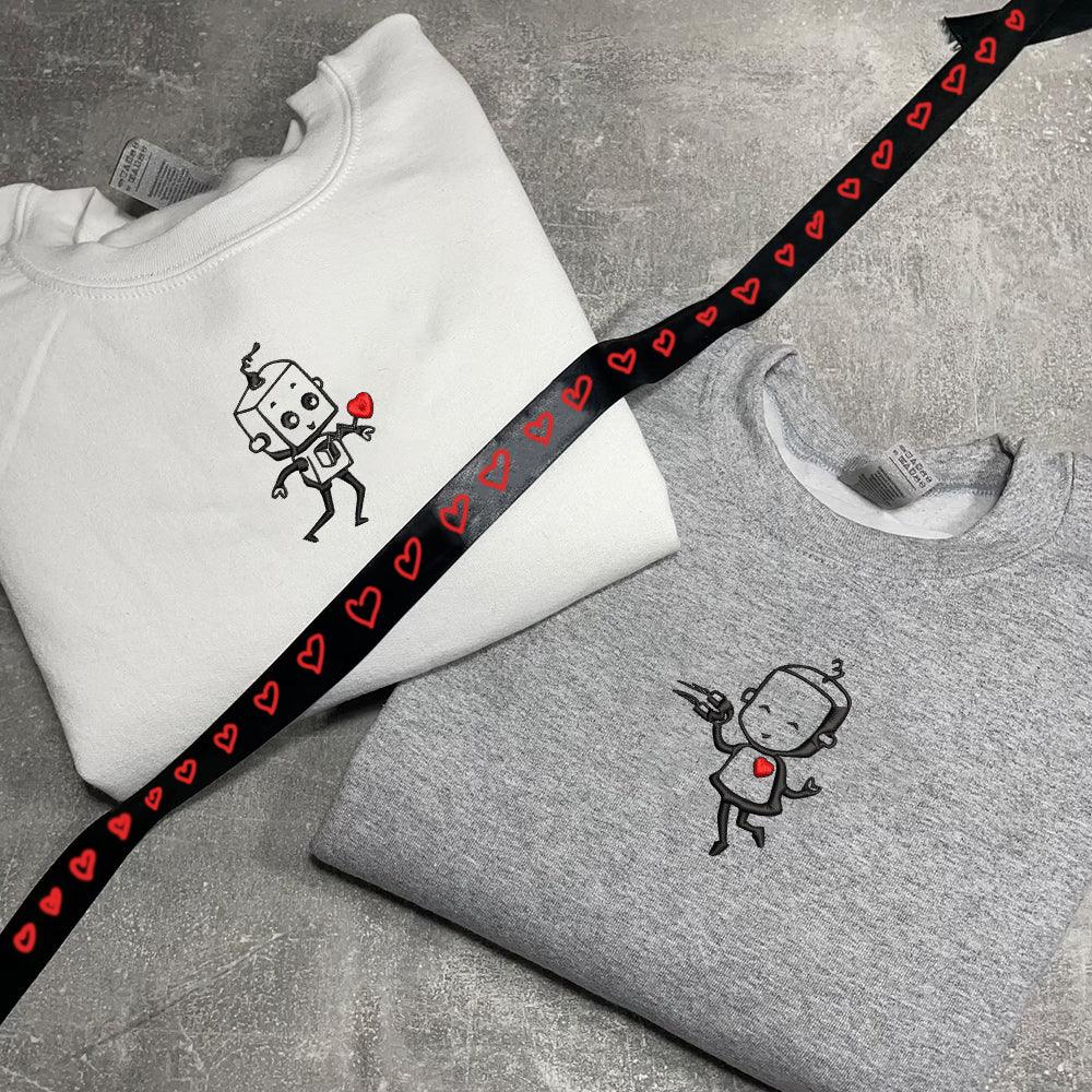 Custom Embroidered Sweatshirts For Couples, Custom Matching Couple Sweatshirt, Robot Heart Couples Embroidered Crewneck Sweater