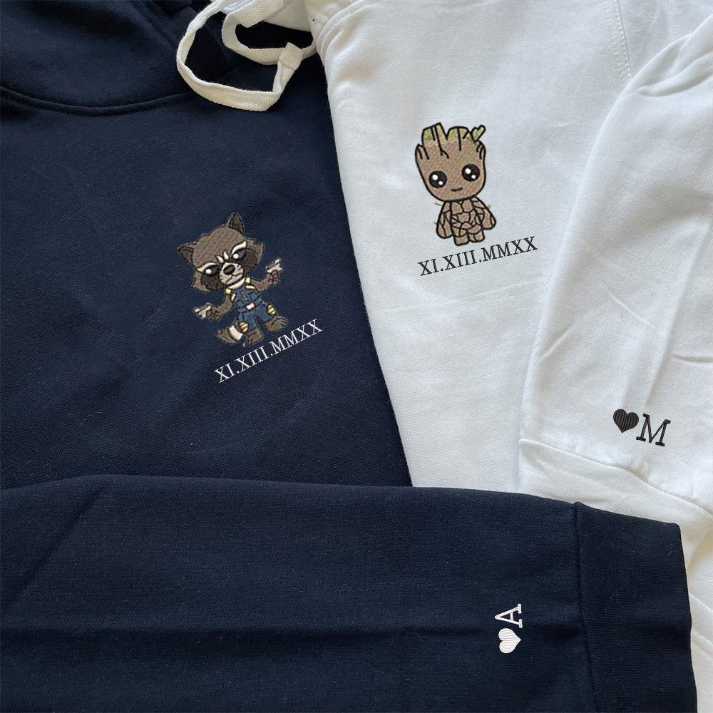 Custom Embroidered Roman Numeral Hoodies For Couples, Roman Numeral Date Hoodie, Cute Rocket Cartoon Couples Embroidered Hoodie