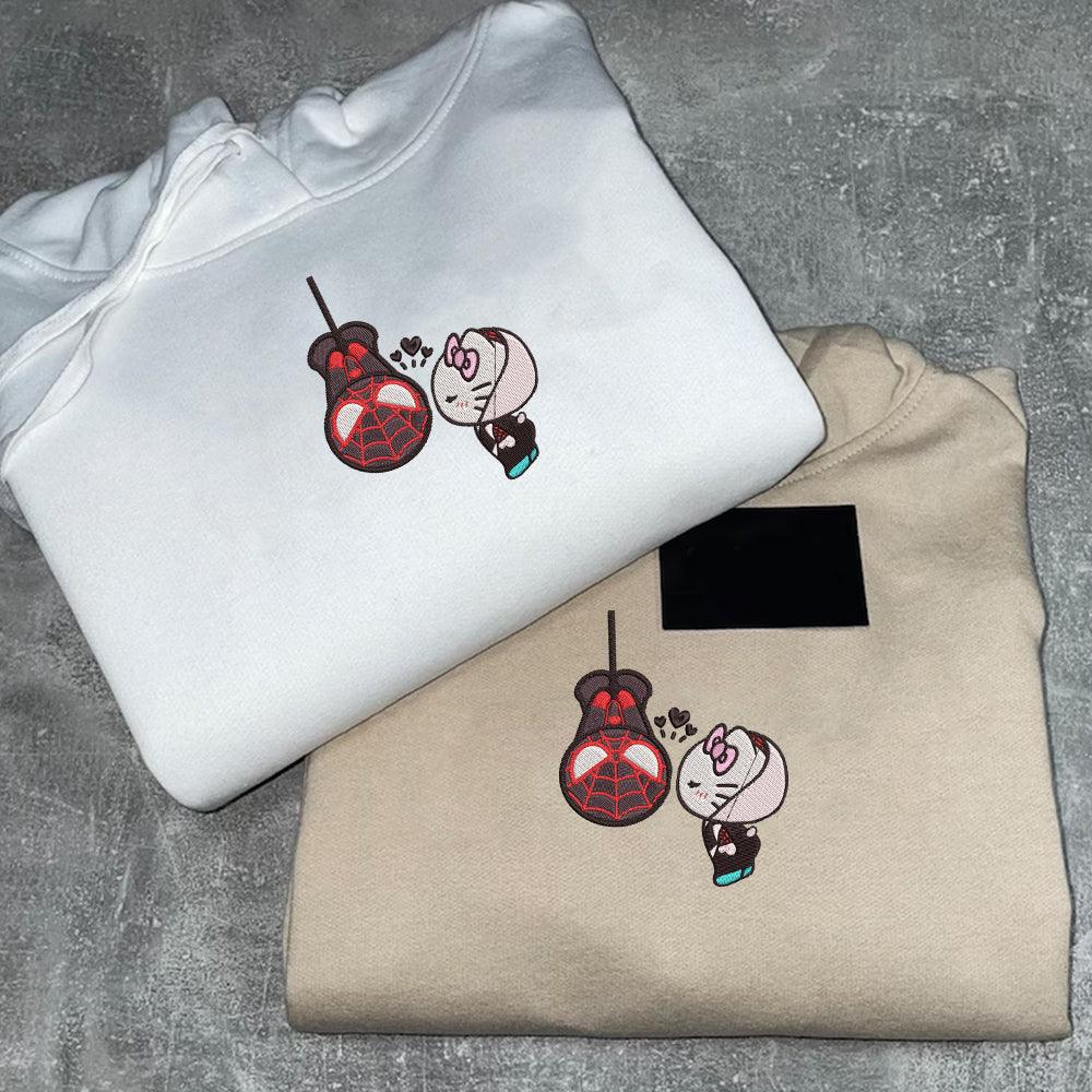 Custom Embroidered Hoodies For Couples, Custom Matching Couple Hoodie, Spider Miles x Kitten Gwen Couples Embroidered Hoodie V2
