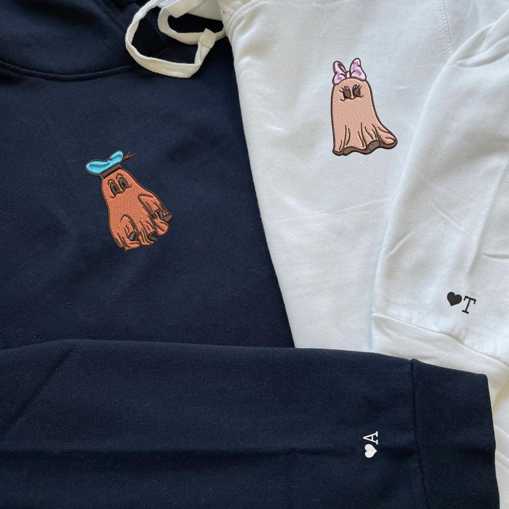 Custom Embroidered Halloween Hoodies For Couples, Custom Matching Couple Hoodies, Trick or Treat Ghost Duck Couples Embroidered Hoodie