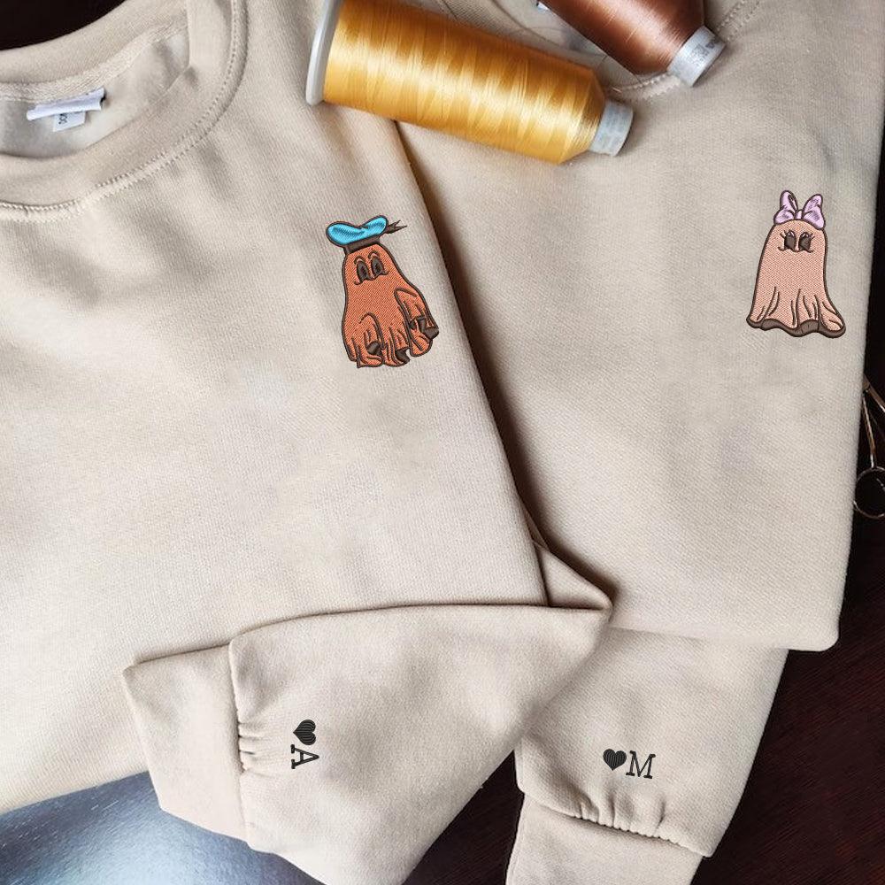 Custom Embroidered Halloween Sweatshirts For Couples, Custom Matching Couple Sweatshirt, Trick or Treat Ghost Duck Couples Embroidered Sweater