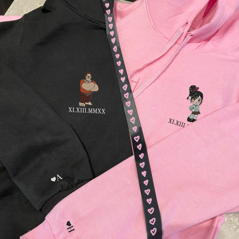 Custom Embroidered Roman Numeral Hoodies For Couples, Roman Numeral Date Hoodie, Cute Cartoon Couples Embroidered Hoodie V4