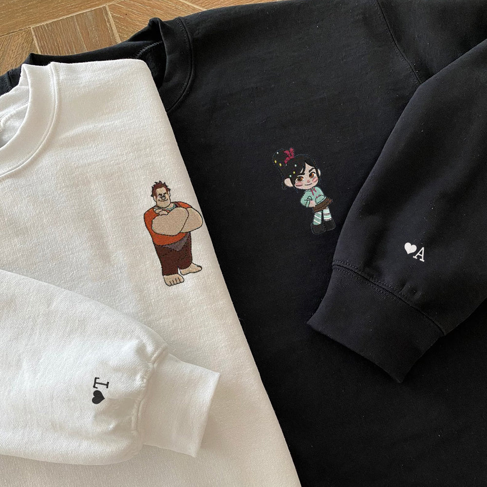 Custom Embroidered Sweatshirts For Couples, Custom Matching Couple Sweatshirt, Cute Cartoon Couples Embroidered Crewneck Sweater V2