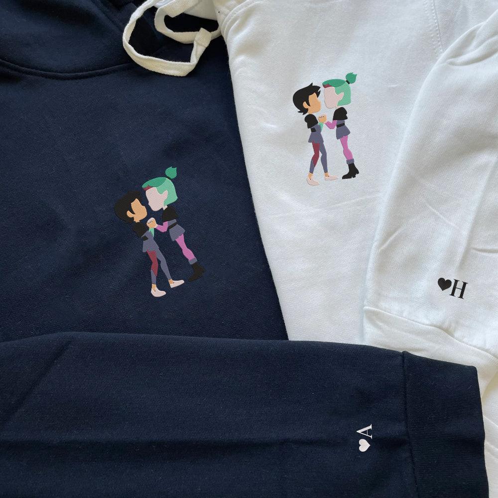 Custom Embroidered Hoodies For Couples, Couples With Matching Hoodies, His Her Hoodies, Cute Cartoon Couples Embroidered Hoodie - Custom Matching Couple