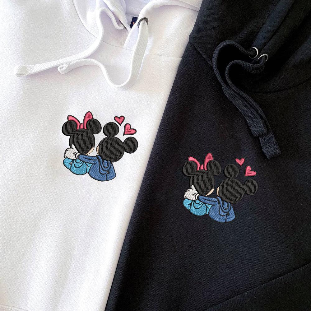 Custom Embroidered Hoodies For Couples, Couples With Matching Hoodies, Cute Couples Mouses Hearts Embroidered Hoodie - Custom Matching Couple