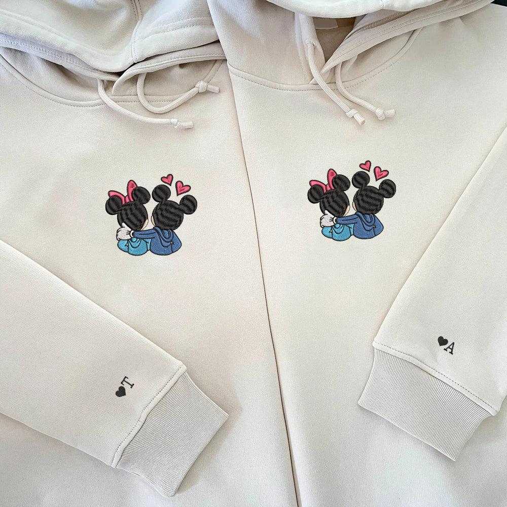 Custom Embroidered Hoodies For Couples, Couples With Matching Hoodies, Cute Couples Mouses Hearts Embroidered Hoodie - Custom Matching Couple