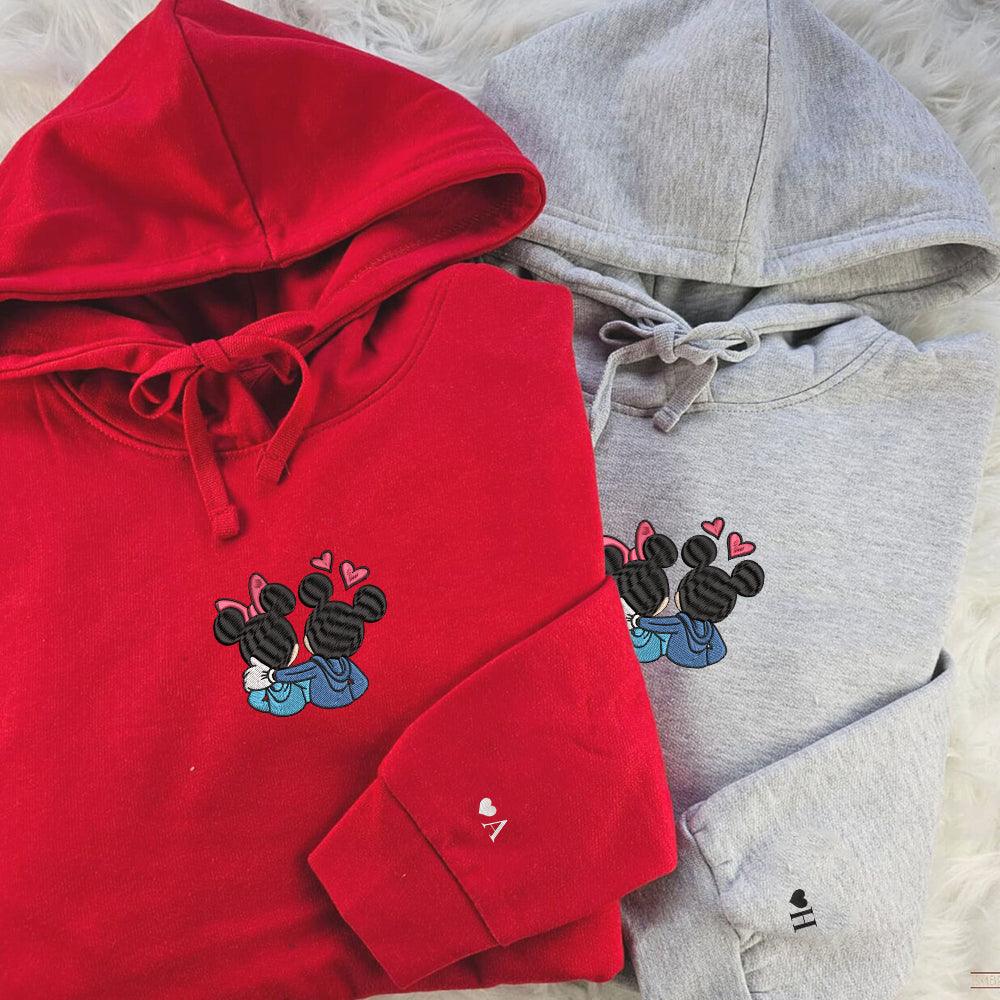 Custom Embroidered Hoodies For Couples, Couples With Matching Hoodies, Cute Couples Mouses Hearts Embroidered Hoodie - Custom Matching Couple