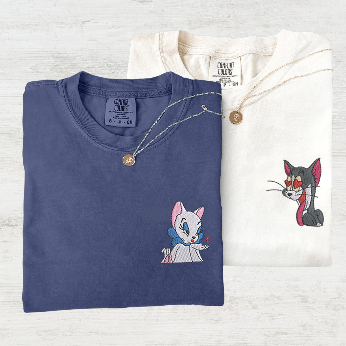 Custom Embroidered Cartoon Cat Love Matching T-shirts for Couples