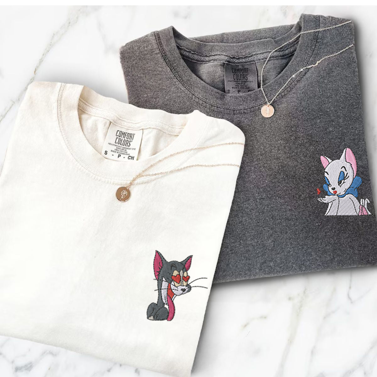 Custom Embroidered Cartoon Cat Love Matching T-shirts for Couples