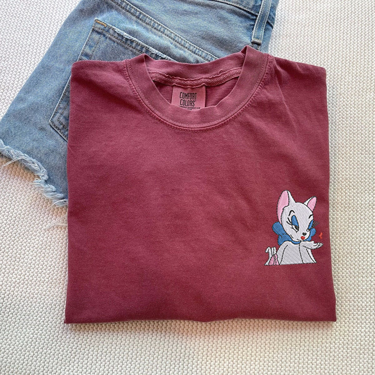 Custom Embroidered Cartoon Cat Love Matching T-shirts for Couples