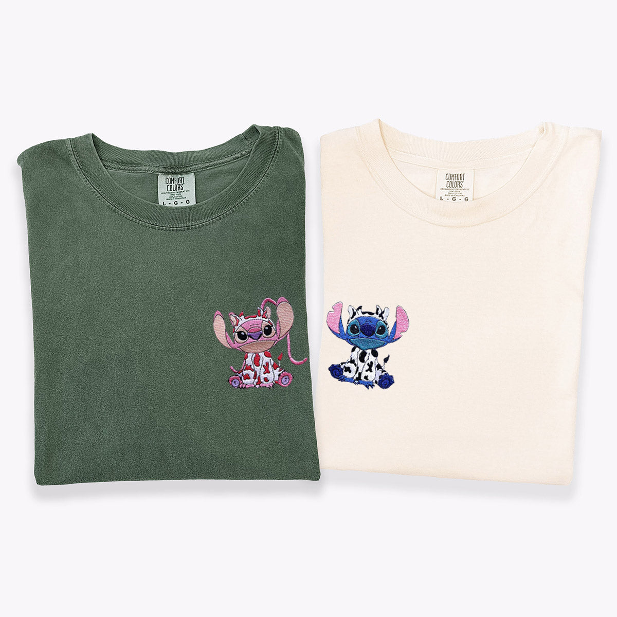 Adorable Cartoon Alien Duo in Cow Outfit Embroidered Couple T-shirts