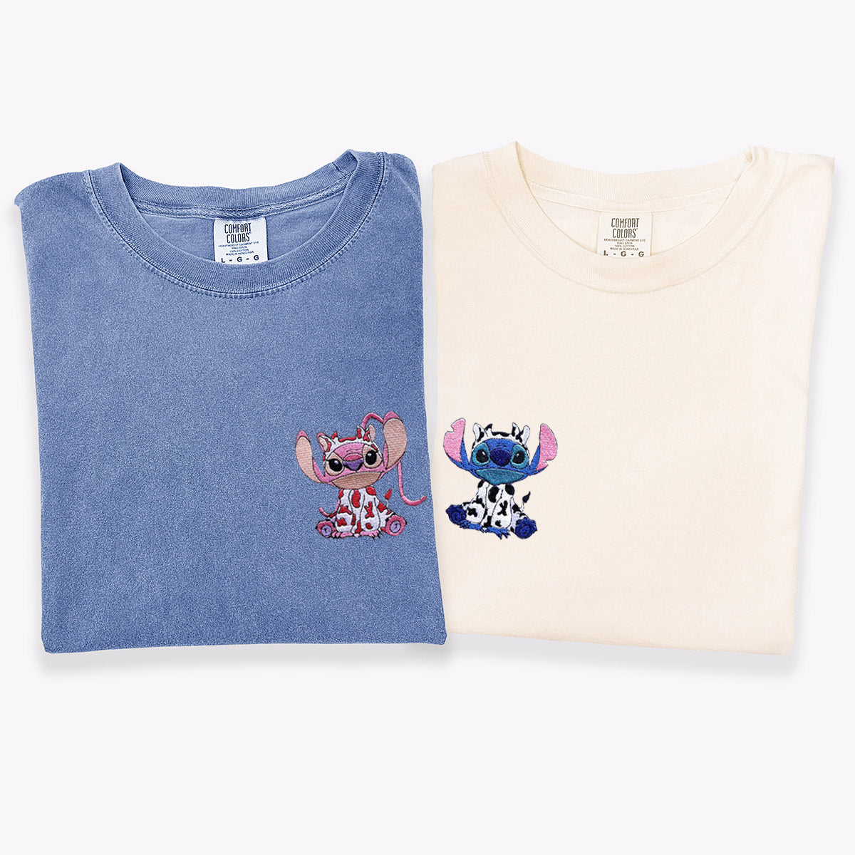 Adorable Cartoon Alien Duo in Cow Outfit Embroidered Couple T-shirts