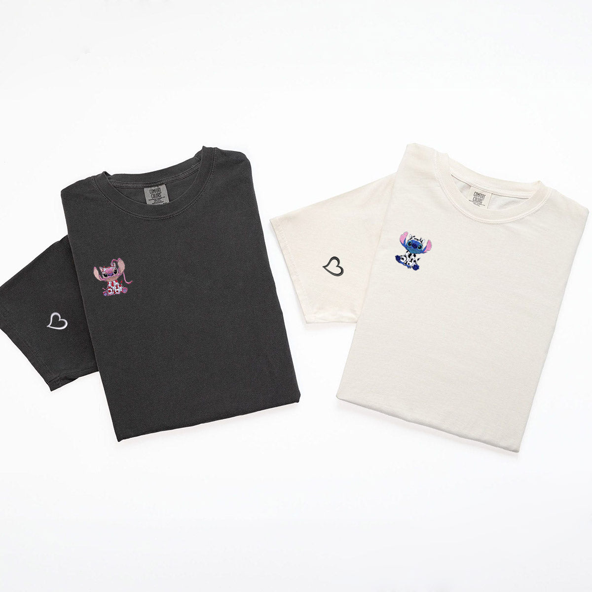 Adorable Cartoon Alien Duo in Cow Outfit Embroidered Couple T-shirts