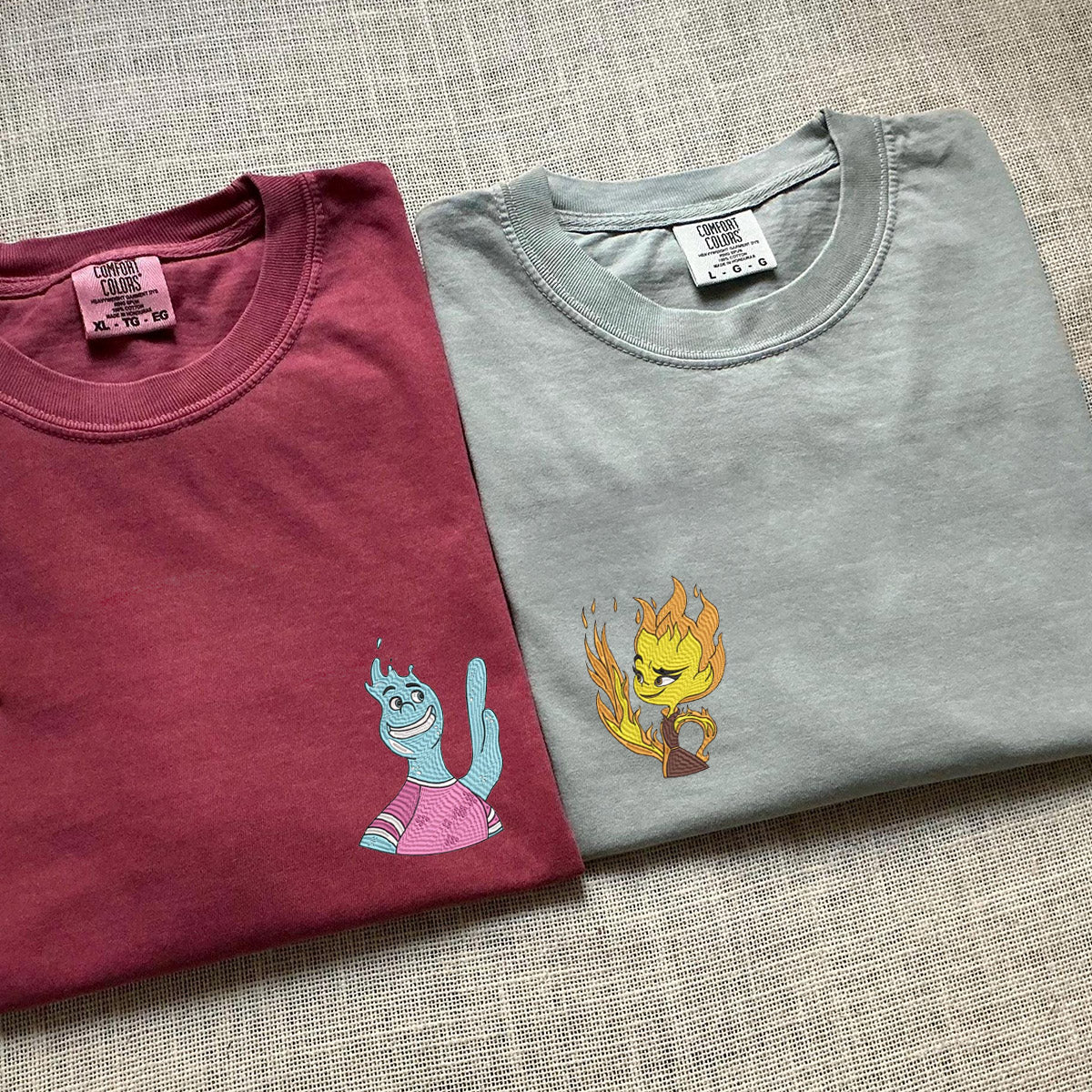 Adorable Fire vs Water Cartoon Couple Embroidered Matching T-shirts