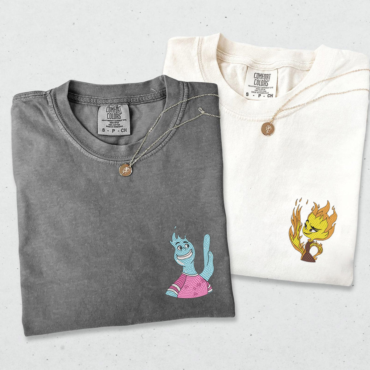 Adorable Fire vs Water Cartoon Couple Embroidered Matching T-shirts