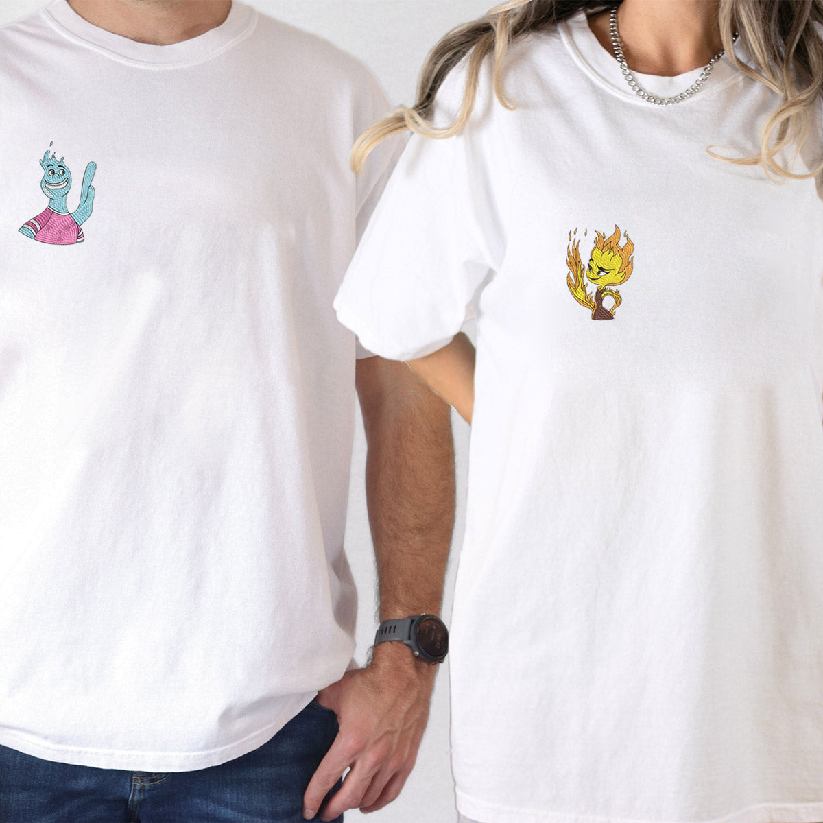 Adorable Fire vs Water Cartoon Couple Embroidered Matching T-shirts