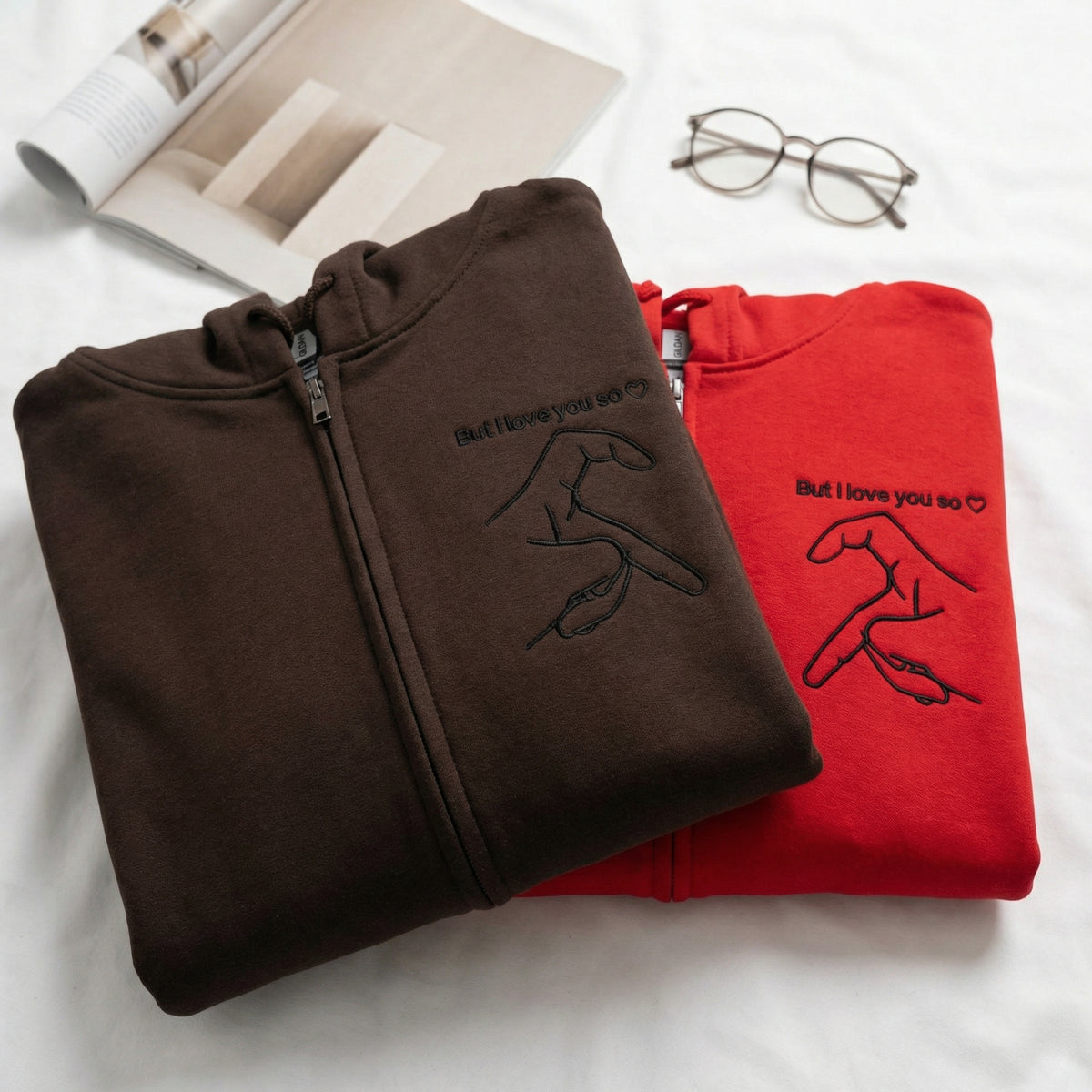 But I Love You So I Love You Couple Matching Embroidered Quarter Zip Sweatshirts & Full-Zip Hoodie