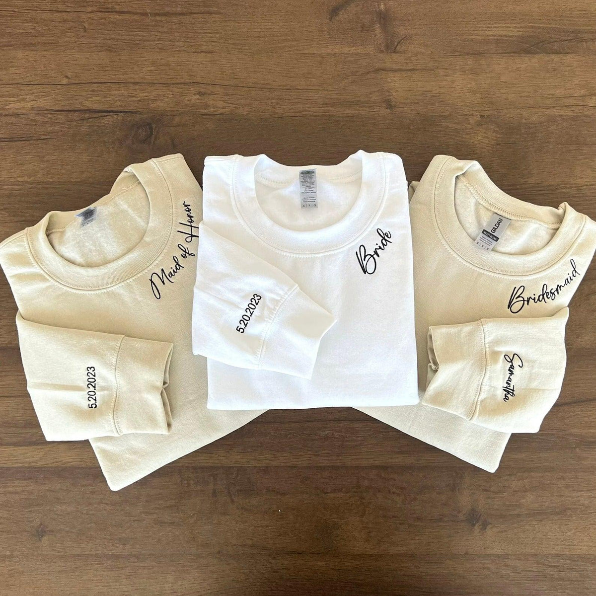 Custom Bridesmaid Bachelorette Date On Sleeve Embroidered Sweatshirt Hoodie - Custom Matching Couple