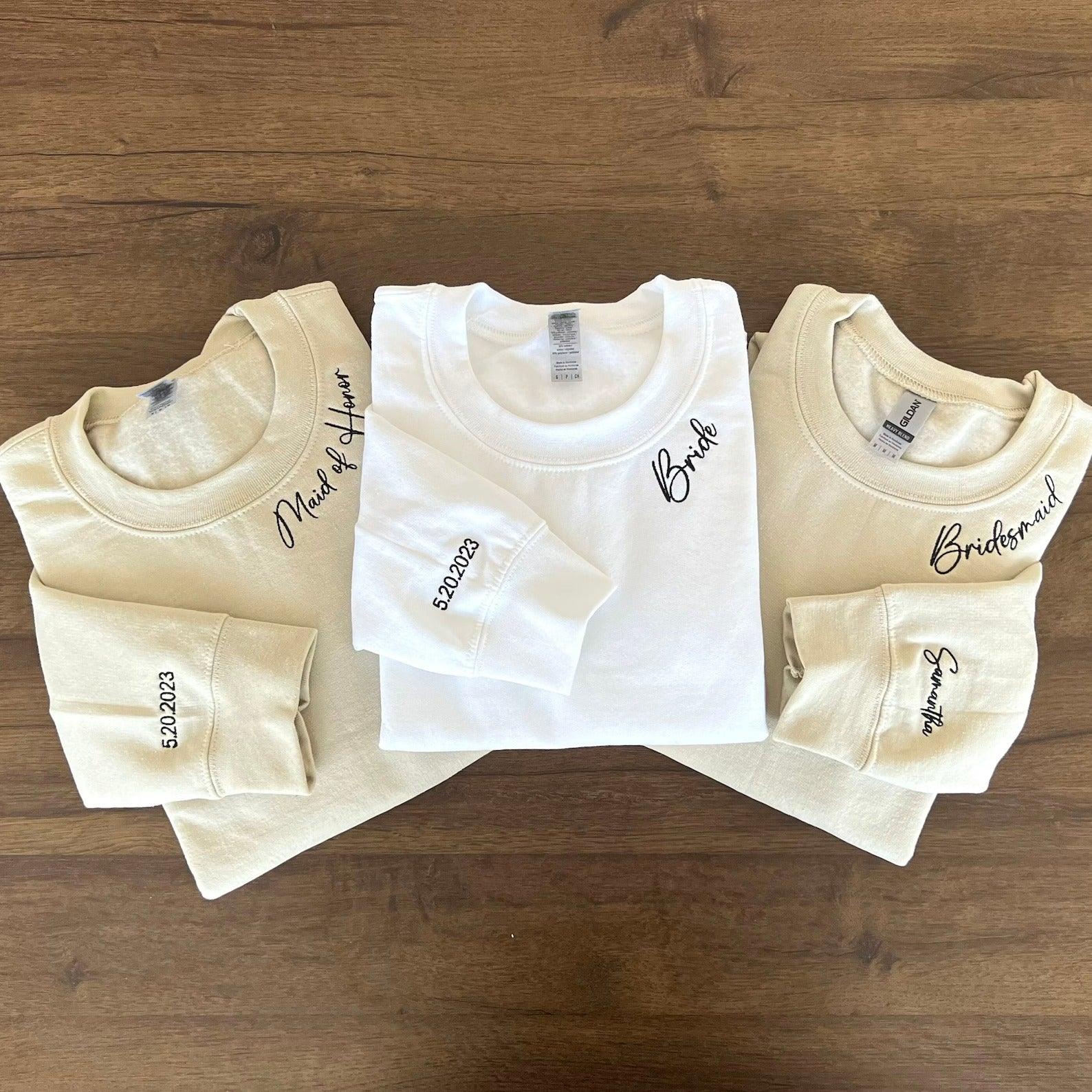 Custom Bridesmaid Bachelorette Date On Sleeve Embroidered Sweatshirt Hoodie - Custom Matching Couple