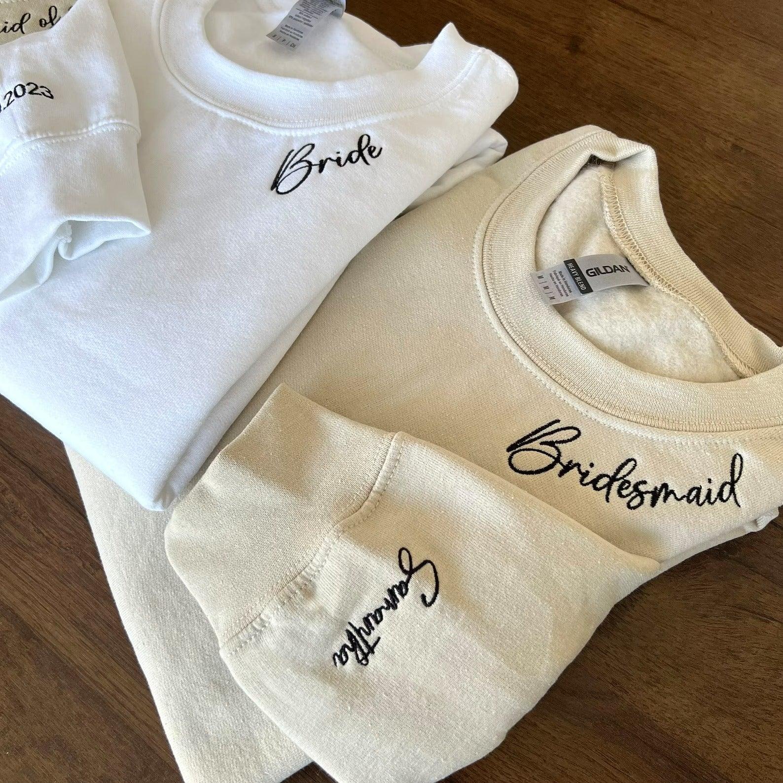 Custom Bridesmaid Bachelorette Date On Sleeve Embroidered Sweatshirt Hoodie - Custom Matching Couple