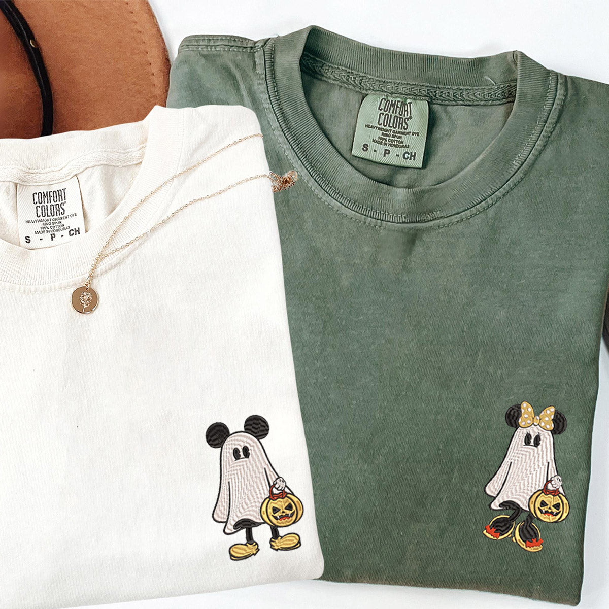 Custom Embroidered Cartoon Mouse Ghost V2 Matching T-shirts for Couples