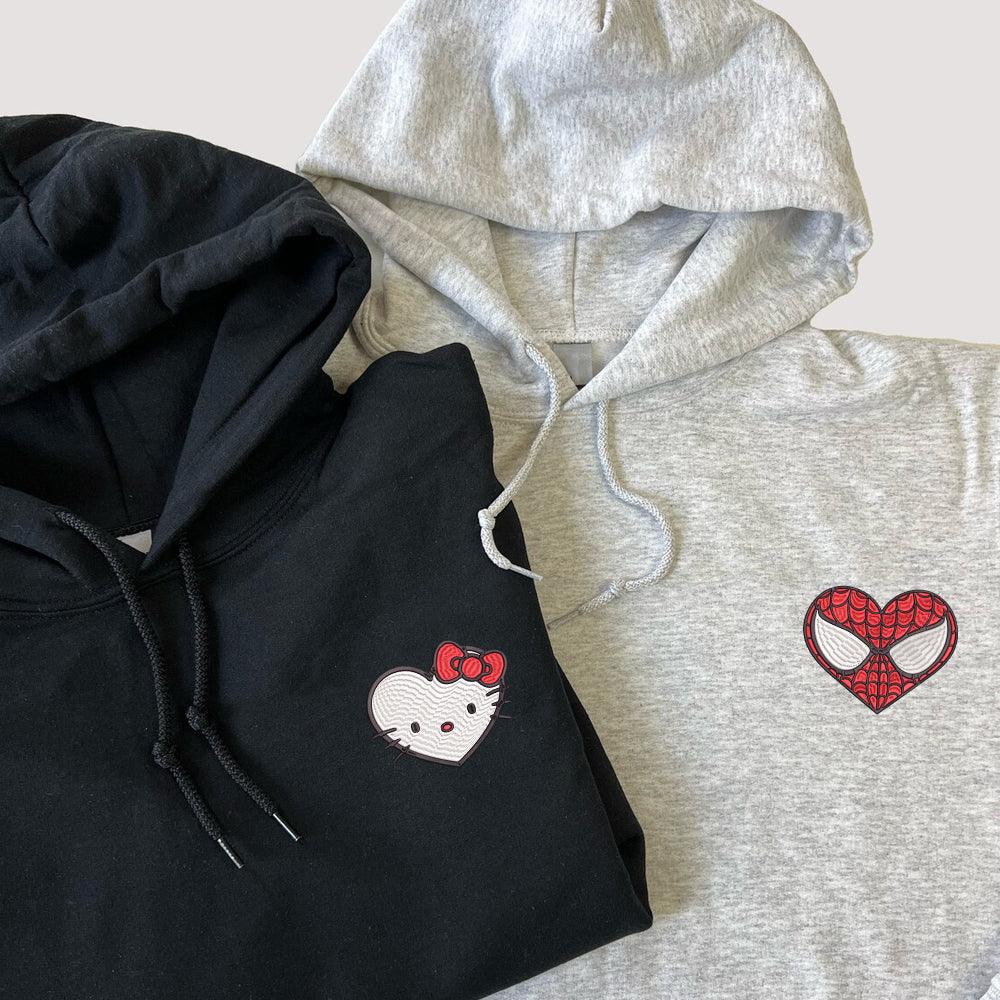 Custom Embroidered Hoodies For Couples, Custom Matching Couple Hoodie, Cartoon Spider x Cat Couples Embroidered Hoodie - Custom Matching Couple