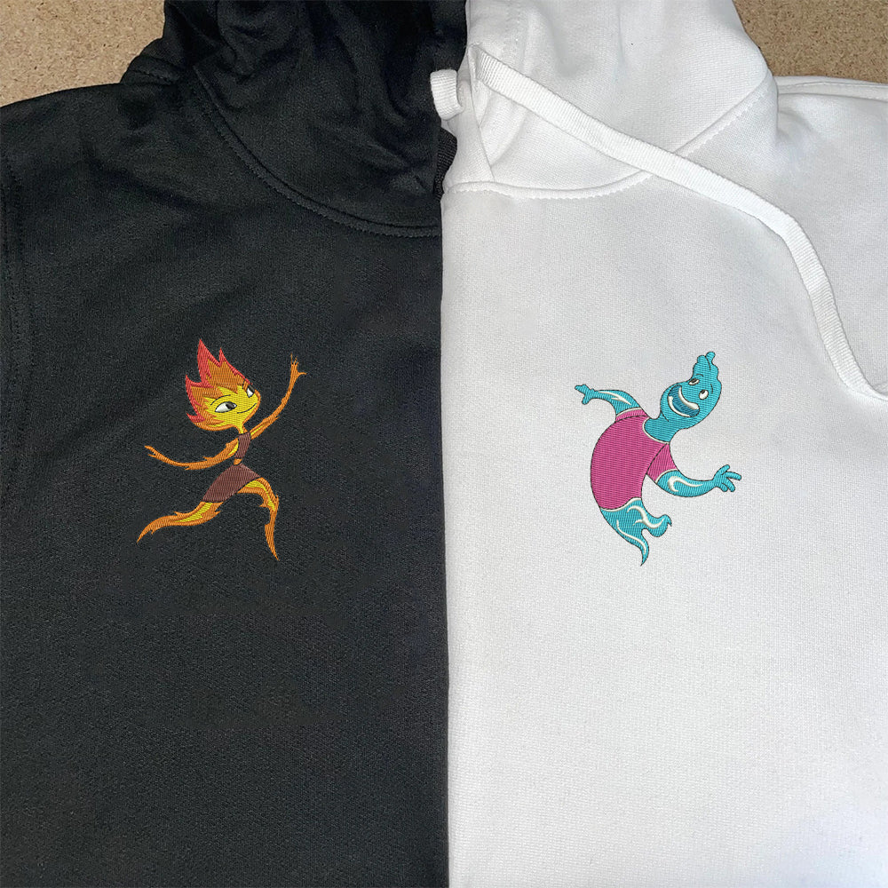 Couples Embroidered Hoodies, Cute Flame and Aqua Cartoon Matching Hoodie