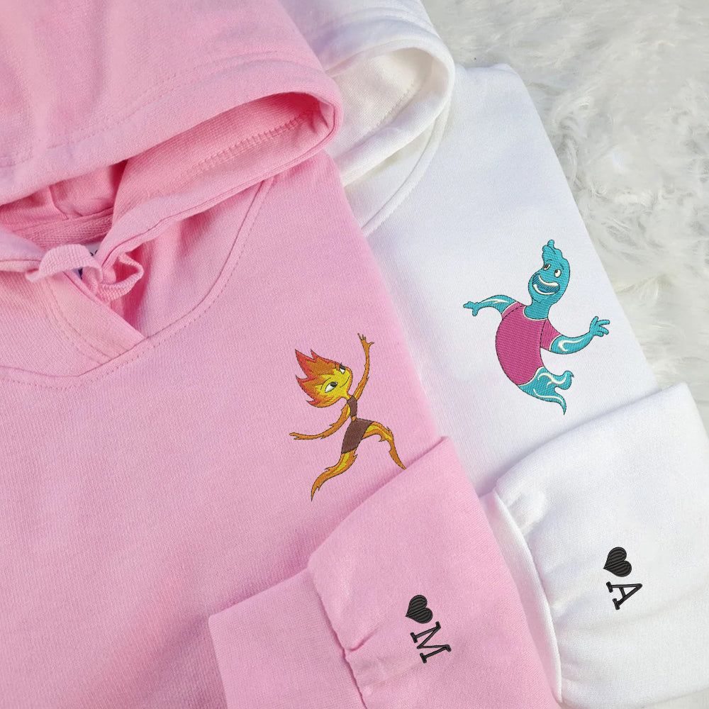 Couples Embroidered Hoodies, Cute Flame and Aqua Cartoon Matching Hoodie