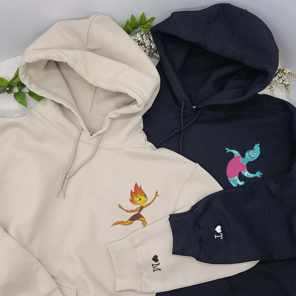 Couples Embroidered Hoodies, Cute Flame and Aqua Cartoon Matching Hoodie