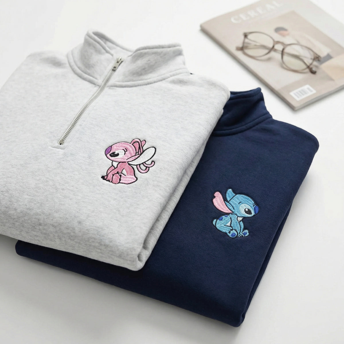 Couples Embroidered Quarter Zip Sweatshirt - Unique Cartoon Duo Matching Full-Zip Hoodie
