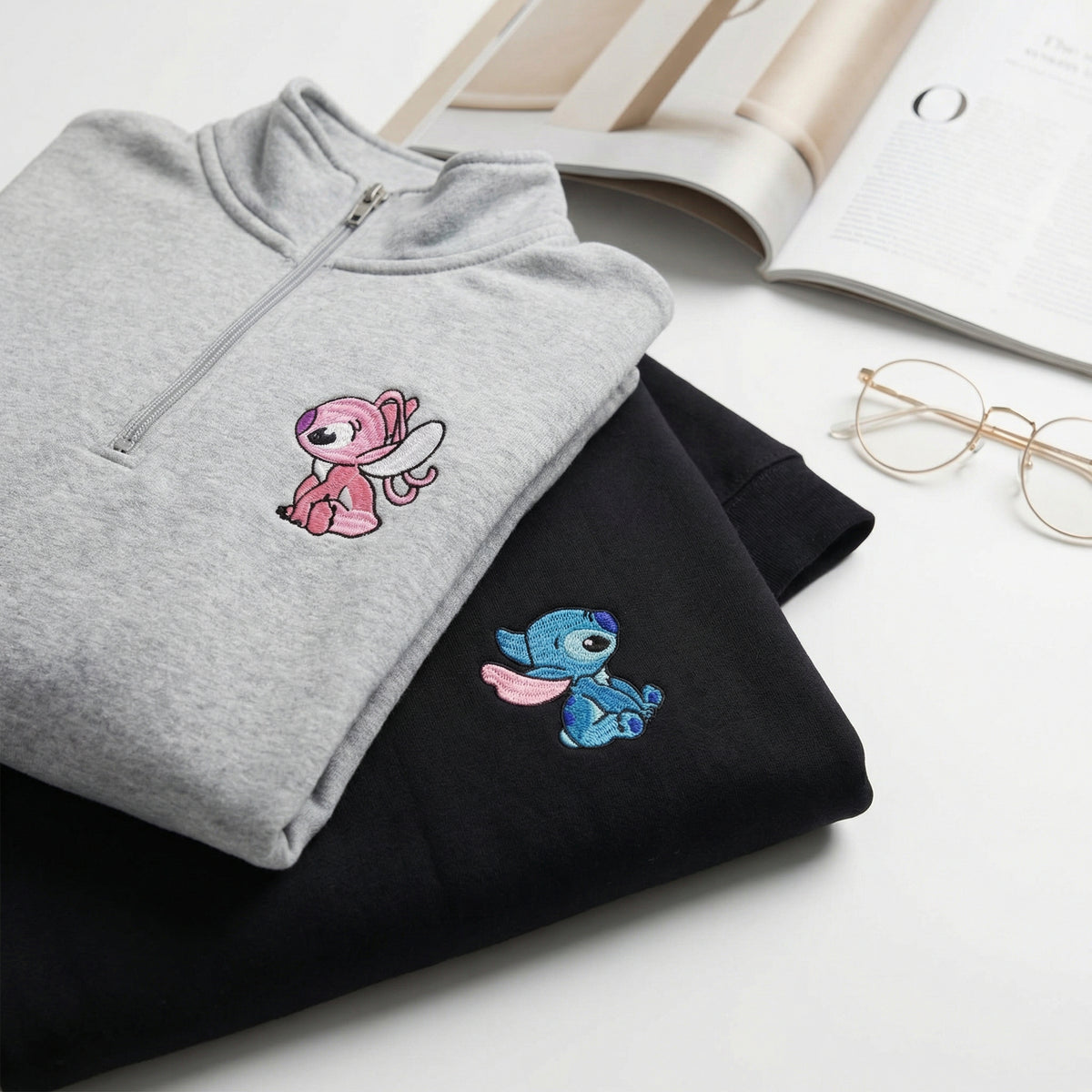 Couples Embroidered Quarter Zip Sweatshirt - Unique Cartoon Duo Matching Full-Zip Hoodie